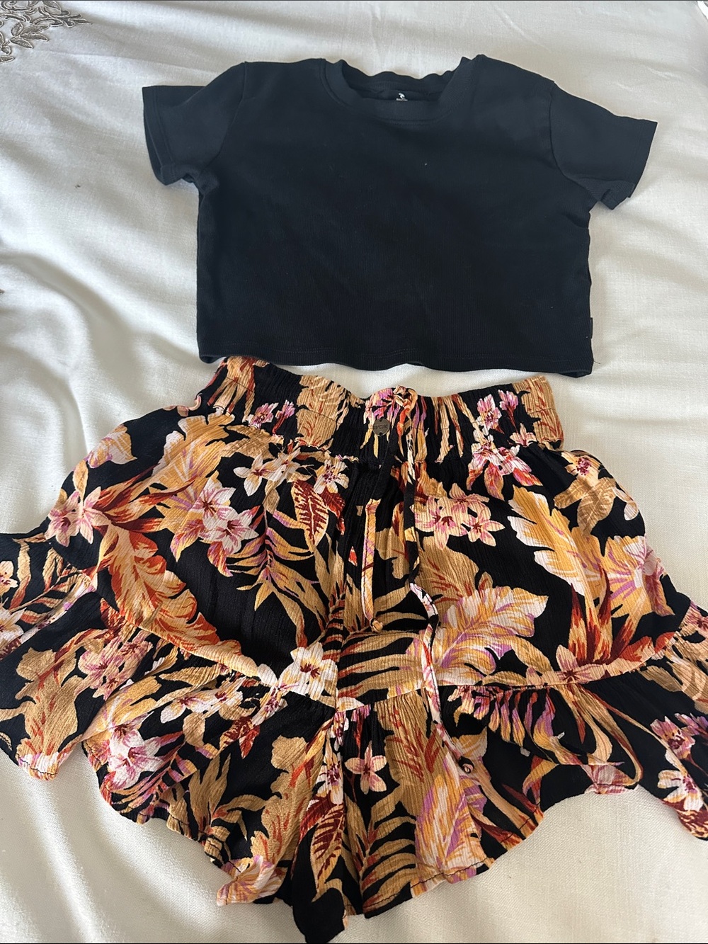 Rip Curl Black Floral Tiered Skirt Set with Gold and Pink Accents